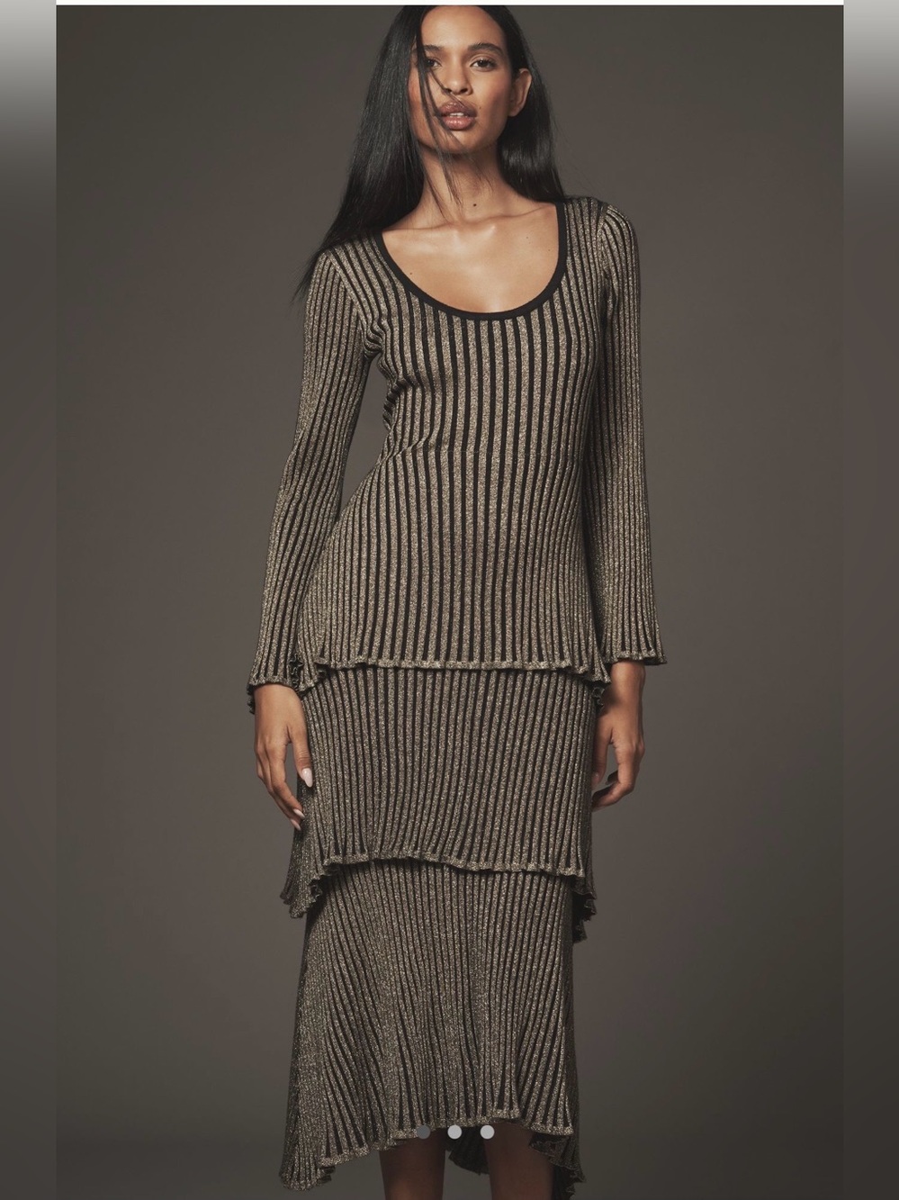 Siempre Tiered Simmer Gold and Black Midi Dress